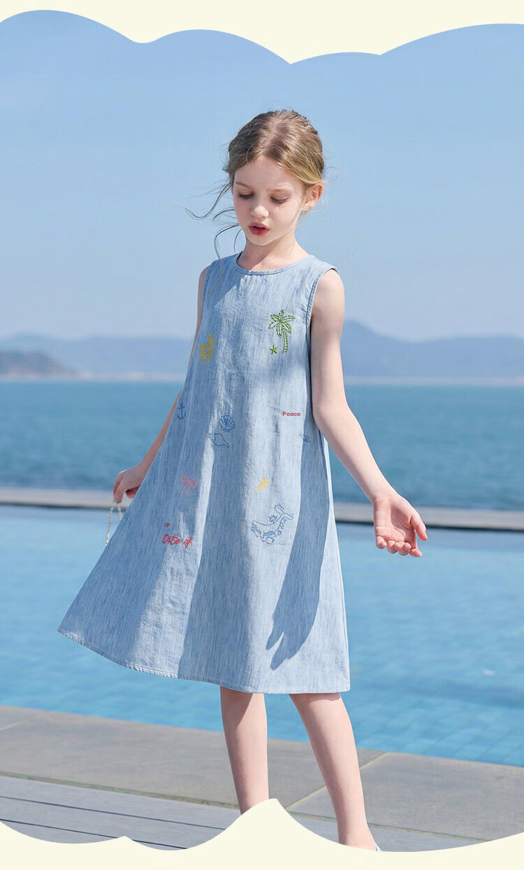 CHANZUIGOU Girls' Tencel Linen Denim Dress 2026 Summer New Elegant Printed Sleeveless Dress 15